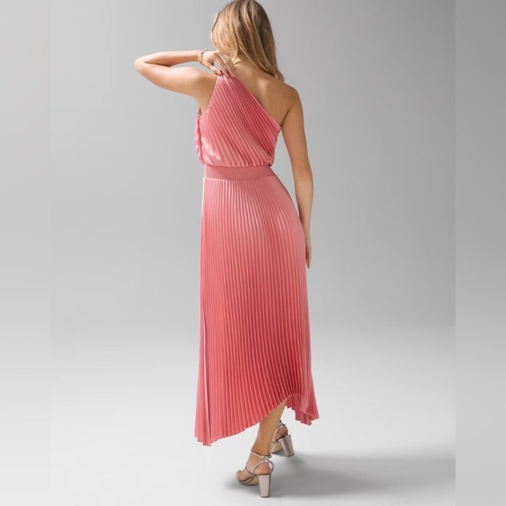 NW/OT White House Black Market One-Shoulder Pleated Midi Dress Peach Dahlia - Picture 2 of 11